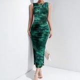 Fongt Spring Summer New Women's Temperament Elegant Sleeveless Open Forked Waist Sexy Printed Fashion Dress