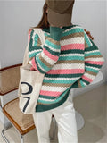 New 2022 Knitted Striped Warm Fashionable Oversized Wild Vintage Women Autumn Winter Sweaters Pullovers Tops