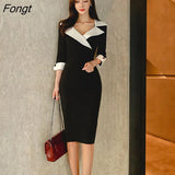 Han Queen Women New Notched Neck Black Sheath Pencil Dress Fashion Slim Sexy OL Work Bodycon Dresses Office Business