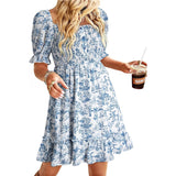 Fongt Women's Summer New New Ocean Bubble Bubble Sleeves Crush Flower Dresses Women's Dress