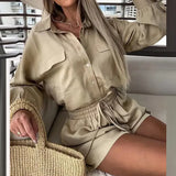 Fongt 2024 Women's New Casual Solid Color Shirt Rope Lace Shorts Fashion Suit
