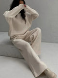 Women Knitted Suit Warm Solid Split Pullovers and Wide Pants Two-piece Suit Female Half Turtleneck Oversize Tracksuit-Outfit