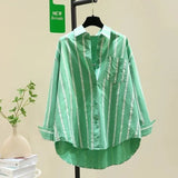 Fongt 2025 Spring And Autumn New Korean Version Of Small Fresh Cardigan Striped Single Pocket Loose Lanky Long Sleeve Shirt Woman