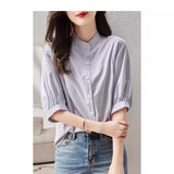 Fongt Summer New Five-Sleeve Casual Temperament Striped Shirt Women Short Sleeve Loose Thin Round Collar Shirt
