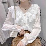 Fashion V-neck White Women's Long Sleeve Top Elegant Ruffle Stitching Blouse Casual Lace Vintage Chiffon Shirt Blusas