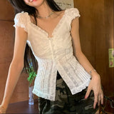Fairy Lace Patchwork Puff Short Sleeve Blouse-Outfit