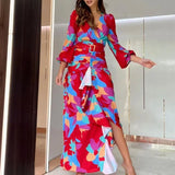 Fongt Spring New Women's Retro Print Deep V Open Fork Dress Dress Dress