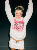 Y2K Letter Print Women Hoodies Sweatshirts Cotton Pullover White Lace Up Pockets Cute Casual Long Sleeve Autumn