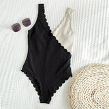 One Piece Swimsuit 2022 Women Red Black Patchwork Ruffle Swimwear Beach Bathing Suit Bandage Cross Backless