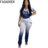 Fashion Gradient Plus Size Two Piece Sets 3XL 4XL Women PINK Letter Print Short Sleeve Tshirt + Stacked Pants