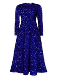 Fongt New Women's Round-Necked Long-Sleeved Solid-Colored Bright-Waisted High-Rise Dress Dress Dress
