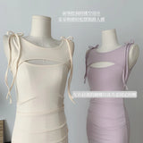 Women Fashion Solid Midi Dress Vintage Backless Sling Dress Thin Straps Female Dresses