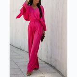 Fongt / Winter 2023 Street Style Suit Solid Color Fashion V-Tie Pantsuit 22046-Outfit
