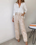Fongt Summer Women's Casual Long Sleeve Lapel Shirt Print Wide-Leg Pants