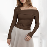 Women Basic Solid Undershirt Slash Off Shoulder Full Sleeve Shirt Shrunk Soft T-Shirt Autumn Versatile Street Daily Top-Outfit