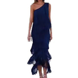 Fongt 2024 New Fashion Solid Color Diagonal Collar Multi-Layer Tassel Splicing Design Dress-Outfit