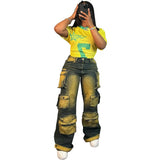 Fongt Women's Straight Jeans Women's Fashion Trend Personality Multi-Pocket Hanging High-Waisted Trousers