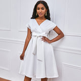 Fongt V-Neck Solid Color Waist Bow Tie With Large Swing Dress Dress Dress Dress Dress Dress