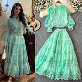 Fongt Autumn Lantern Sleeve Long-Sleeved Hollow Lace Splicing Shirt + A Word Half-Dress Dress Dress Woman