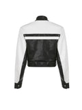Women Gothic PU Leather Jacket Contrast Color Stand Collar Long Sleeve Zip-up Crop Top Bomber Coat Cool Racing