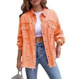Holes Raw-edges Denim Jacket Women Spring Autumn Shirt Style Jeancoat Casual Top Rose-Red Orange Purple Outerwear Lady