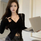 Spring Retro Autumn All-Match Sweet V-Neck Long-Sleeved Cute Drawstring Design Exposed Navel Short Style Casual Top-Outfit