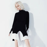 Fongt Autumn And Winter Retro Romantic Sleeves Casually Stum Irregular Splicing Splicing Color Knitted Dress QD1027