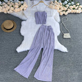 Fongt Suspenders Strapless Short Top High Waist Drop Feeling Wide Leg Pants Two-Piece Suit-Outfit