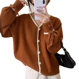 Elegant V-Collar Buckle Design Lantern Sleeves With Knitted Cardigan Autumn And Winter Korean Version Of Thin Blouse-Outfit