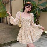 Floral Mini Chiffon Dress Korean Women 2022Spring Summer Elegant Sexy Square Neck Puff Sleeves High Waist Party