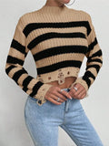 Fongt Women's Clothing Fashion Round Collar High-Waist Short Striped Knitted Short Sweater