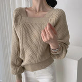 New 2021 Women Autumn Winter Sweaters Knitted Warm Thicken Square Collar Fashionable Vintage Pullovers Tops
