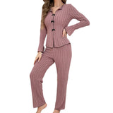 Pajamas Women Simple Fashion Collar Casual Bow Long Sleeve Trousers Homewear Suit