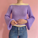 Vintage Rainbow Striped Knitted Sweaters Autumn Winter Crimping Long Sleeve Cropped Pullovers Jumpers Streetwear Chic