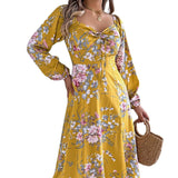 Fongt Spring And Summer Sexy Tie Knotted Flowers Long Sleeve Open Fork Dress Women