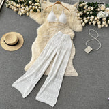 Fongt Bikini Top High Waist Straight Leg Wide Leg Pants Knit Hollowed-Out Pants Suit-Outfit