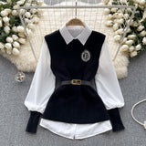 Fongt Style High-Level Sense Of Light Luxury Lady Suit Autumn And Winter Solid Color Loose Long-Sleeved Shirt + Knitted Vest