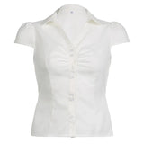 Solid Color Button Down Short Sleeve Blouse-Outfit