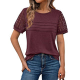 Fongt Summer New Women's Casual Loose Round-Neck Lady T-Shirt Solid Color Lace Splicing