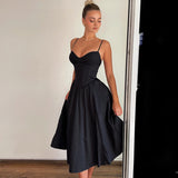 Fongt Women's 2025 Summer New Sexy V Tie Dress Black Bareback Sexy Dress Woman