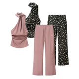 Fongt Homemade New Women's Clothing Scarf-Necked Collar Collar Silk-Sense Flared Trousers