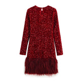 Fongt Women's Clothing Spring 2025 New Glit Decorative Feathers Spliced Long-Sleeved Mini Dress