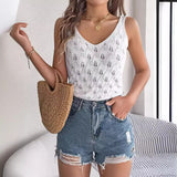 Shooting Summer New Solid Color V-Neck Hollow Leaves Sleeveless Knitted Shirt Holiday Vest Women's