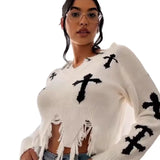 Fongt Hole Tuxed Sweater Dark Long Sleeve Loose Knitted Shirt