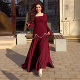 Fongt New Women's Square Collar Long Sleeve Elegant Pearl Decoration Splicing Long Dress