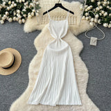 Fongt Dress Women 2025 New Gentle Wind Temperament Slings Waists Thin Vertical Knitted Dress Inside The Long Skirt