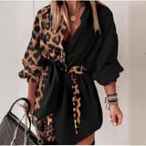 Fongt Women's Wear Commuter Print Color Stitching Leopard Print Lace Middle Sleeve Shirt