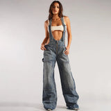 Fongt Women's Denim Cloth Jumpsuit Women's Street Multi-Pocket Strap Pants Loose Waist Straight Pants