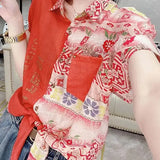 Commute Printed Spliced Blouse Female Clothing Lapel Casual Pockets Drawstring Chic Diamonds Single-breasted Shirt 2023-Outfit