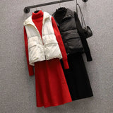 Autumn Winter Warm Knitted Turtleneck Sweater Dresses And Thick Vest Suits For Women Elegant Two Pieces